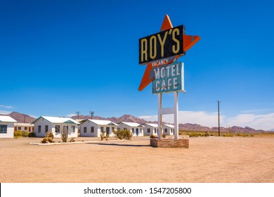 CALIFORNIA, USA - April 9, 2019: Roy's motel and cafe with vintage neon sign on historic Route 66 road in Californian desert. United States