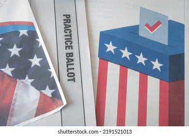 CALIFORNIA, U.S.A. - Aug 11th 2022: Official Voter Information Guide Paper Brochure, Practice Ballot Form, American Flag And Ballot Box Icon.