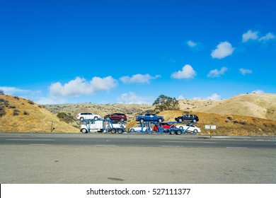 CALIFORNIA, USA - OCTOBER 31, 2016: Car transporter in Interstate 5 in California, USA