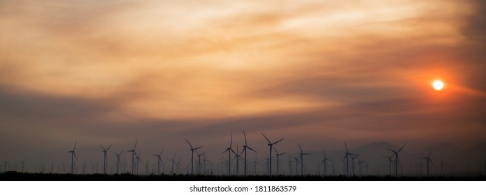 California Wildfires 2020/ Hazy Sun And Wind Turbines.