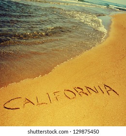 California Written On The Sand Of A Beach, With A Retro Effect