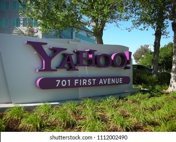 California,United States-Apr 2008: Close up of Yahoo 701 first avenue at headquarters at Sunnyvale,Silicon Valley. Yahoo is a web service provider, one of the pioneers of the early Internet era in 90s