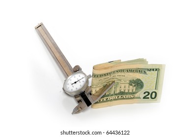 Caliper measuring a folded stack of 20 dollar bills