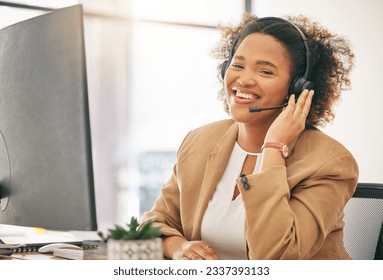 Call center, African woman and portrait of telemarketing agent at computer for customer service, web support or CRM. Happy business consultant at desktop for sales consulting, telecom or contact - Shutterstock ID 2337393133