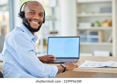 Call Center Agent, Black Sales Man And Consulting, Support Or Advice With Headset And Laptop. African, Portrait And Consultant, Crm Telemarketing And Contact Us, Work Or Customer Service Operator.