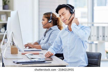 Call Center Agent With Neck Pain, Stress And Sore Back Stretching Bad, Strained Muscle At A Modern Office. Stressed Ecommerce Support Sales Consultant Working Overtime Or Sitting Long Hours At A