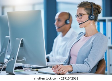 Call Center Agent, Telemarketing Sales And Customer Service Operator Smiling While Working On A Computer And Talking To A Customer. Sales Representative Happy To Help And Answer Calls For Support