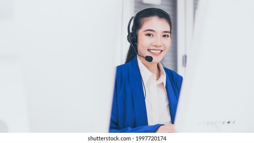 Call Center Asian Woman Operator Working With Headset At Office,Smiling Employees Women 