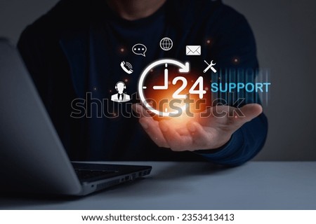 Call Center, Assistance customer services, Care and consulting clients 24hr. Businessman holding icon virtual 24 support services, worldwide nonstop and full-time available contact of service concept.