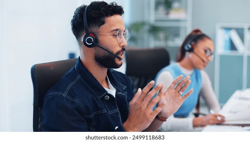 Call center, business man and talking with customer support, advice and online consultation. Office, crm feedback and help desk operator with internet, web and consultant advisory with coworking - Powered by Shutterstock