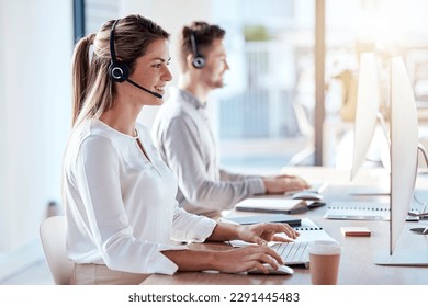 Call center, computer and business with woman in office for customer service, technical support and advice. Technology, contact us and communication with employee operator in help desk agency
