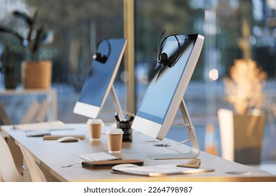 Call center, computer and crm headphones with no people in office for web consulting. Contact us, customer service and operator agency with online tech for consultant business and life insurance