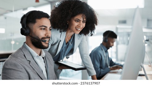 Call center computer, manager and people smile for telemarketing sales, outsourcing success or lead generation results. Tech support data, help desk teamwork and team with customer service feddback - Powered by Shutterstock