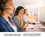 Call center, computer and portrait of woman at desk in office for advice, help or lead generation. Consulting, headset and smile of happy employee in customer service workplace for contact or support