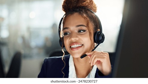 Call center, contact us and business woman or computer in office for crm, sales and customer support. Telecom, inbound marketing and lead generation consultant with virtual, headset or insurance faq