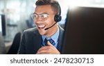 Call center, customer service and happy businessman in office consulting for crm, faq and tech support. Telemarketing, insurance and friendly consultant with virtual help, loan and b2b networking