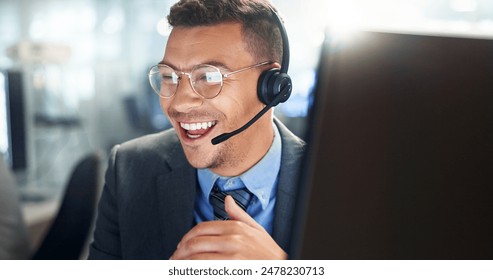 Call center, customer service and happy businessman in office consulting for crm, faq and tech support. Telemarketing, insurance and friendly consultant with virtual help, loan and b2b networking - Powered by Shutterstock