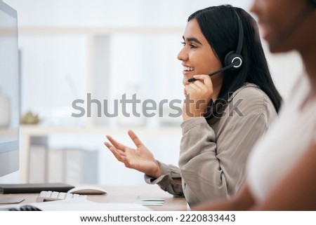 Call center, customer service and telemarketing with a woman consulting using a headset in her office. Crm, contact us and sales with a female employee at work as a consultant on a call for support
