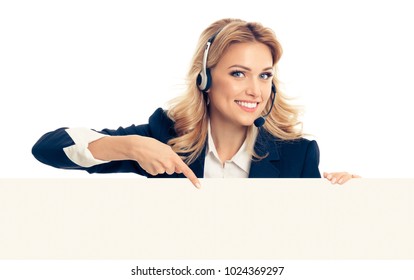 Call Center. Customer Support Service Femalephone Operator In Headset Showing Signboard With Copyspace Area For Text Or Advertise Slogan, Isolated Over White Background.