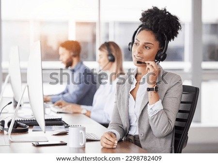 Call center, customer support and woman consultant working on online consultation in the office. Crm, business and professional African female telemarketing or sales agent with headset in workplace.