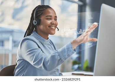 Call center, digital overlay or happy woman on computer in customer support, telemarketing or CRM network. Chart graphs hologram, contact us or girl virtual assistant consulting with headset or smile - Powered by Shutterstock