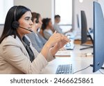 Call center, discussion and woman with headphone, computer and communication in modern office. Conversation, support and telemarketing agent in workplace for deal, consulting and customer service