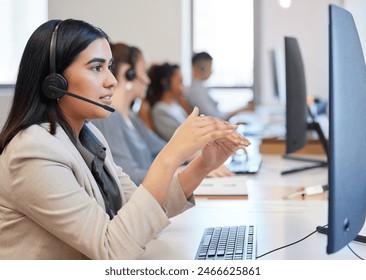 Call center, discussion and woman with headphone, computer and communication in modern office. Conversation, support and telemarketing agent in workplace for deal, consulting and customer service - Powered by Shutterstock