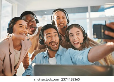 Call center, employee or selfie at office or smile fun, consultant or bonding together. Diversity colleagues, support service or funny face for collaboration telemarketing, picture or team building