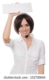 Call Center Girl With Card - Young Woman, Customer Service Operator On White Background. 