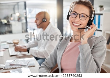 Call center, happy and consultant portrait in office for telemarketing, communication and contact us query. Working, online and customer service woman ready for call in corporate workplace.