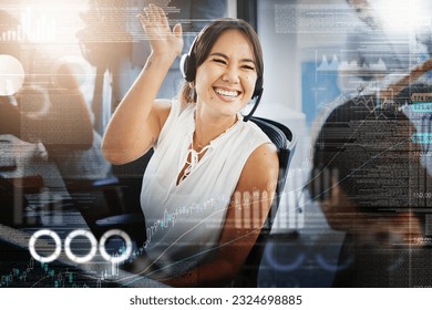 Call center, high five and happy people in overlay with graphs, statistics and data. Telemarketing, success and celebration of man and Asian woman in double exposure for teamwork, sales or lens flare - Powered by Shutterstock