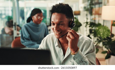 Call center, laptop and problem solving with man in office for assistance, consulting or help. Contact us, customer service and support with happy employee in workplace for crm or sales feedback