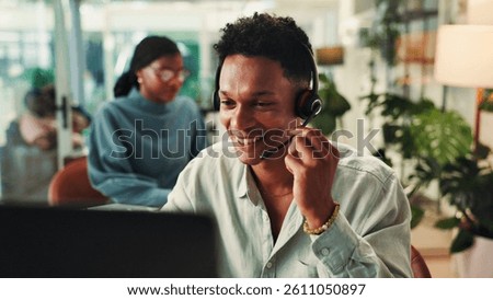 Call center, laptop and problem solving with man in office for assistance, consulting or help. Contact us, customer service and support with happy employee in workplace for crm or sales feedback