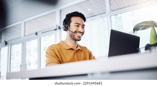 Call center, laptop video call and happy man talking for contact us, communication or ecommerce. Telemarketing sales pitch, e commerce callcenter or male consultant working on online webinar support