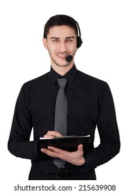 Call Center Man With Headset And Clipboard Isolated On White - Young Man With Headset And Clipboard Isolated On A White Background  