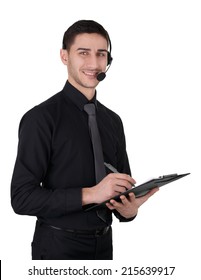 Call Center Man With Headset And Clipboard Isolated On White - Young Man With Headset And Clipboard Isolated On A White Background  