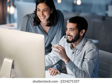 Call center, manager and happy team at computer for software training, customer service and CRM in office. Man, woman and sales mentor helping intern on desktop, telemarketing and technical support - Powered by Shutterstock