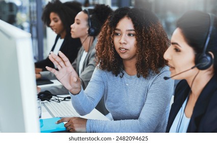 Call center, mentor and advice with business people, telemarketing and conversation for new system. Staff, insurance consultant and supervisor with employee, review and customer service with feedback - Powered by Shutterstock