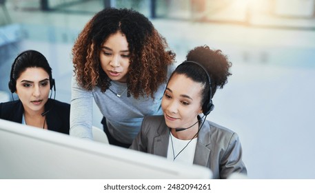 Call center, mentor and help desk with business people, telemarketing and conversation for feedback. Staff, insurance consultant and supervisor with employee, advice and customer service with review - Powered by Shutterstock