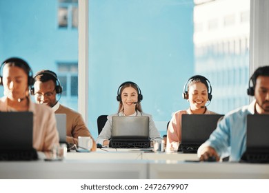 Call center, office and people in portrait for customer service, online communication and support on a computer. Happy woman consultant, team and business agency on laptop, contact us and help desk - Powered by Shutterstock