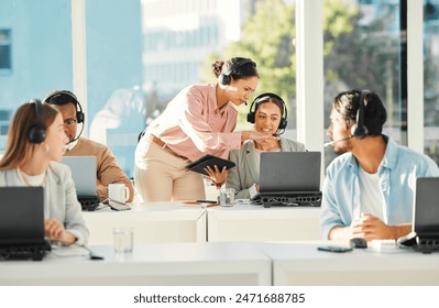 Call center, office training and people in computer for customer service, online review and consultant results. Business agency, e commerce manager and woman talking, support or web advice on laptop - Powered by Shutterstock