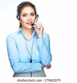 Call Center Operator Consultant Talking With Microphone. Business Portrait White Background.