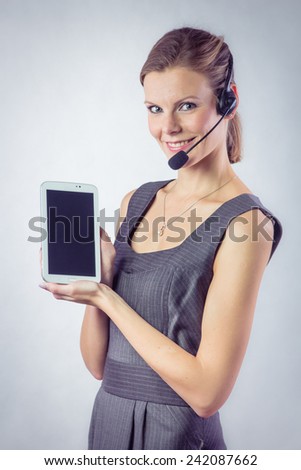 Call Center Operator with Headset, Tablet Isolated on White Background