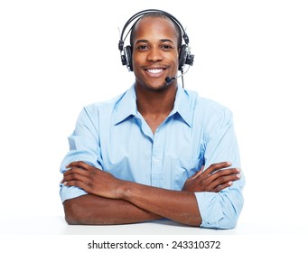 Call Center Operator Man With Headsets Working.