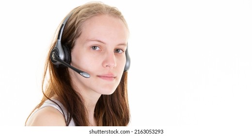 Call Center Operator Woman Serious Face Wearing A White Shirt With Headset Standing On White Background