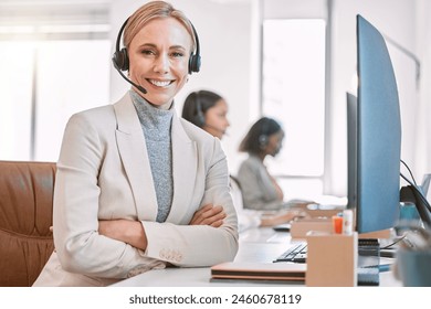 Call center, portrait and woman in office, smile and friendly for customer service, headset and tech support. Team, working and b2b for telemarketing, help and consulting for company, person or agent - Powered by Shutterstock