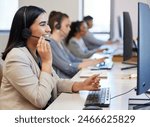 Call center, profile and woman with headset, support and communication in office with pride. Happy, female person and telemarketing agent for deal, consulting and smile for customer service at desk