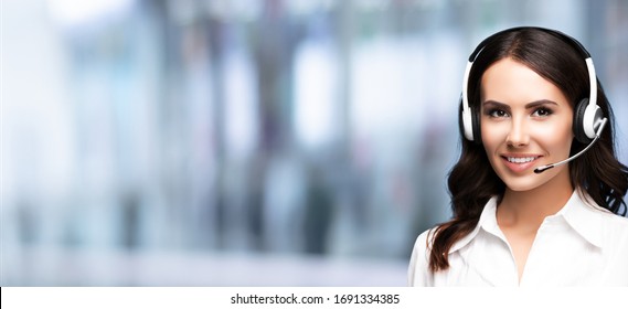 Call Center Service. Customer support or sale agent. Female caller or receptionist phone operator. Copy space for some text, advertising or slogan. Help, answering and telemarketing concept.