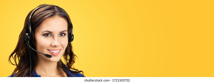 Call Center Service. Customer Support Phone Sales Operator With Copy Space For Some Text Or Slogan, Over Yellow Orange Background. Young Attractive Woman In Headset.