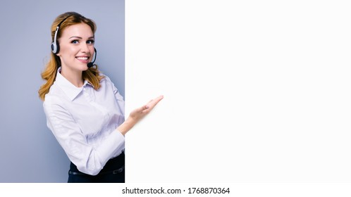 Call Center Service. Customer Support Or Sales Agent. Businesswoman Or Caller Or Receptionist Phone Operator Showing Banner With Copy Space. Helping, Answering, Zoom Consulting. Grey Color Background.